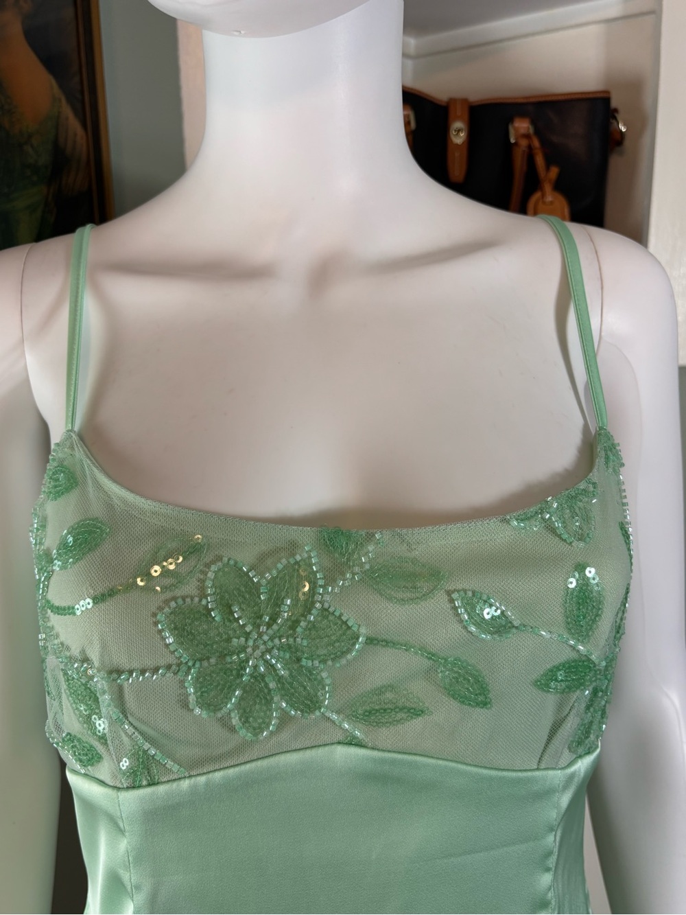 NWT New Peppermayo Zion Beaded Mini Slip Cami Dress Sage Mint Green Satin Sz 6 - Picture 6 of 14